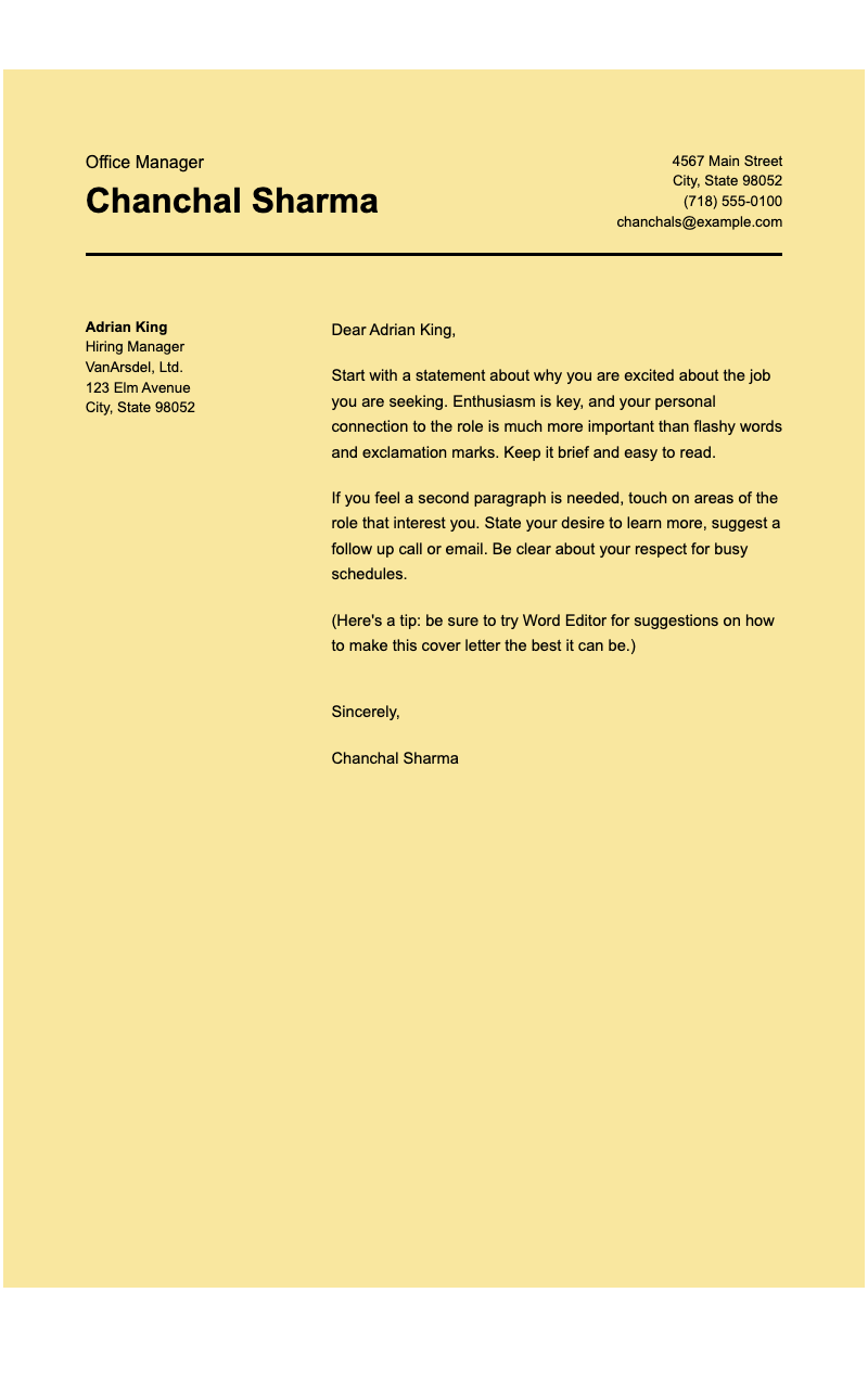 Swiss design cover letter - Clean, professional cover letter layout with sender/recipient sections, salutation and body text areas.